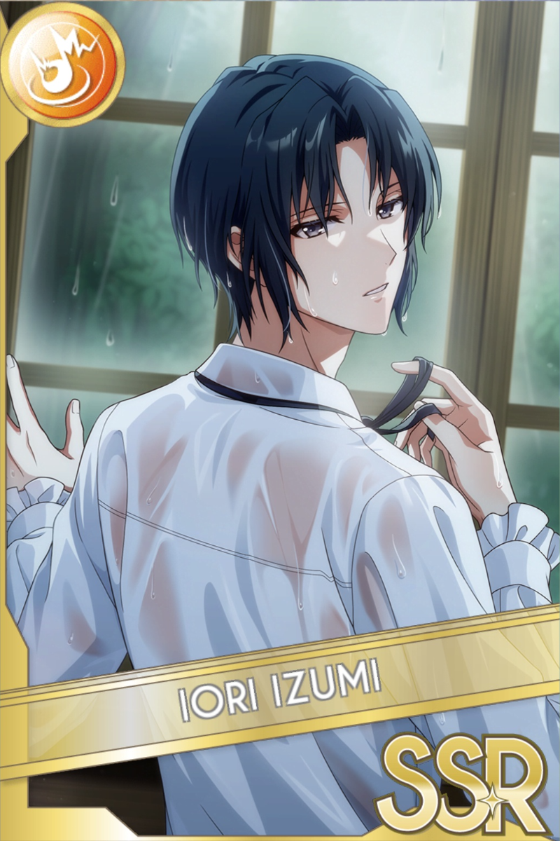 「Photo Collection -潤-」カードイラスト（SSR・Shout）。和泉一織が白い衣装に金の肩飾りを着け、目を閉じて口を開けて笑う。花々と石畳が背景に