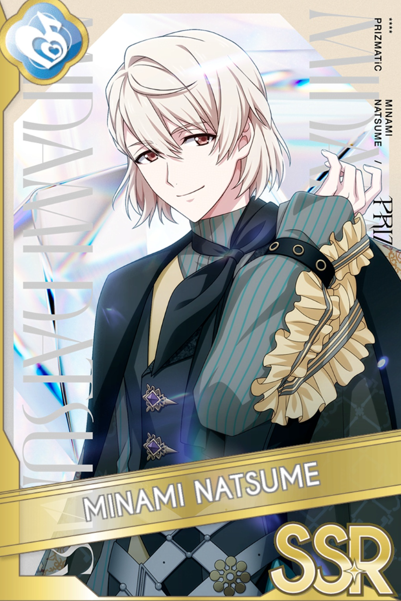 「PRIZMATiC」カードイラスト(SSR・Melody)。棗巳波が黒い衣装に赤いラインを着け、片眼を閉じて微笑む。虹色の光が背景に