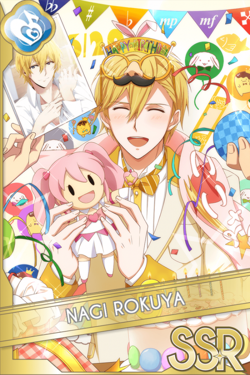 「誕生日日和2」カードイラスト（SSR・Melody）。六弥ナギが誕生日の冠とサングラスを頭に載せ白いジャケットを着て、ピンク髪の人形を抱え旗や風船に囲まれている