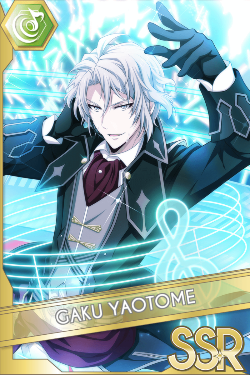 「DAYBREAK INTERLUDE」カードイラスト（SSR・Beat）。八乙女楽が黒いジャケットと赤いネクタイを着け両手を広げ、青い光と音符の模様が背景に巡る