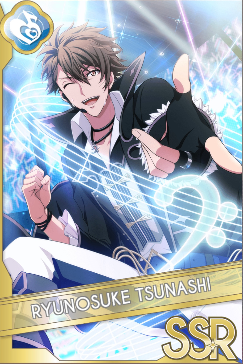 「DAYBREAK INTERLUDE」カードイラスト(SSR・Melody)。十龍之介が黒いジャケットとチョーカーを着け片眼を閉じ指を立て、青い光の輪が背景に巡る
