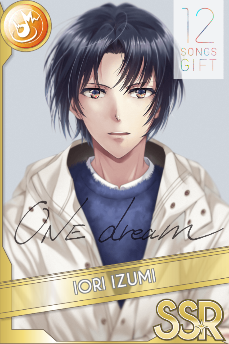 「12_SONGS_GIFT2」カードイラスト(SSR・Shout)。和泉一織が白いジャケットと青いセーターを着て正面を向き、文字のデザインが背景に重なる