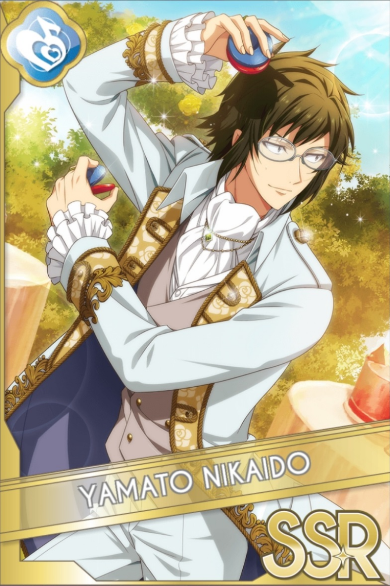 「ティー・パーティー」カードイラスト(SSR・Melody)。二階堂大和が白い衣装に金色の装飾を纏い、腕を頭の上で組む。青空と緑の木々が背景に広がる