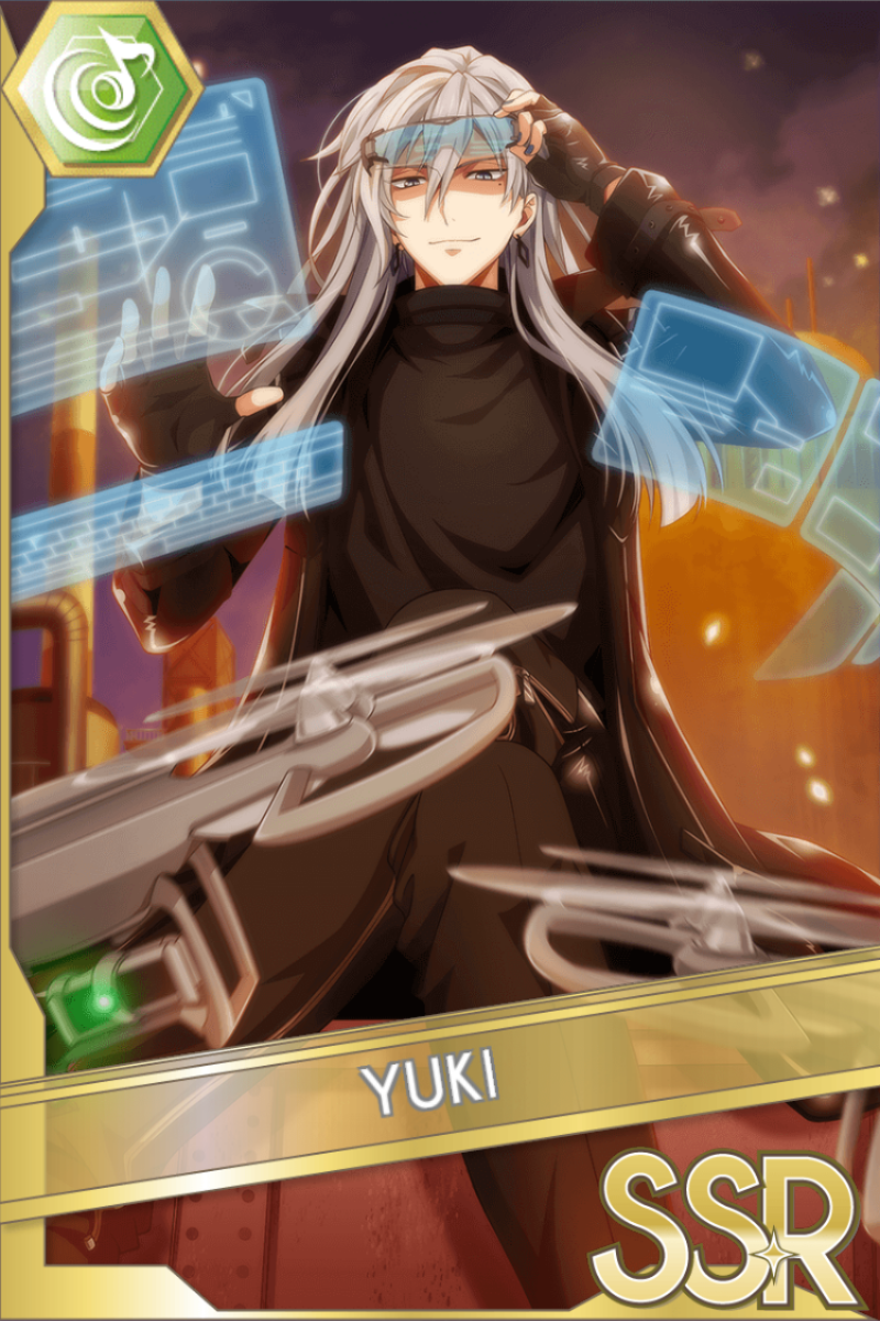 「リヴァーレ警察3」カードイラスト（SSR・Beat）。千が黒い衣装で、半透明の青い画面を指さす。オレンジ色の光が背景に滲む