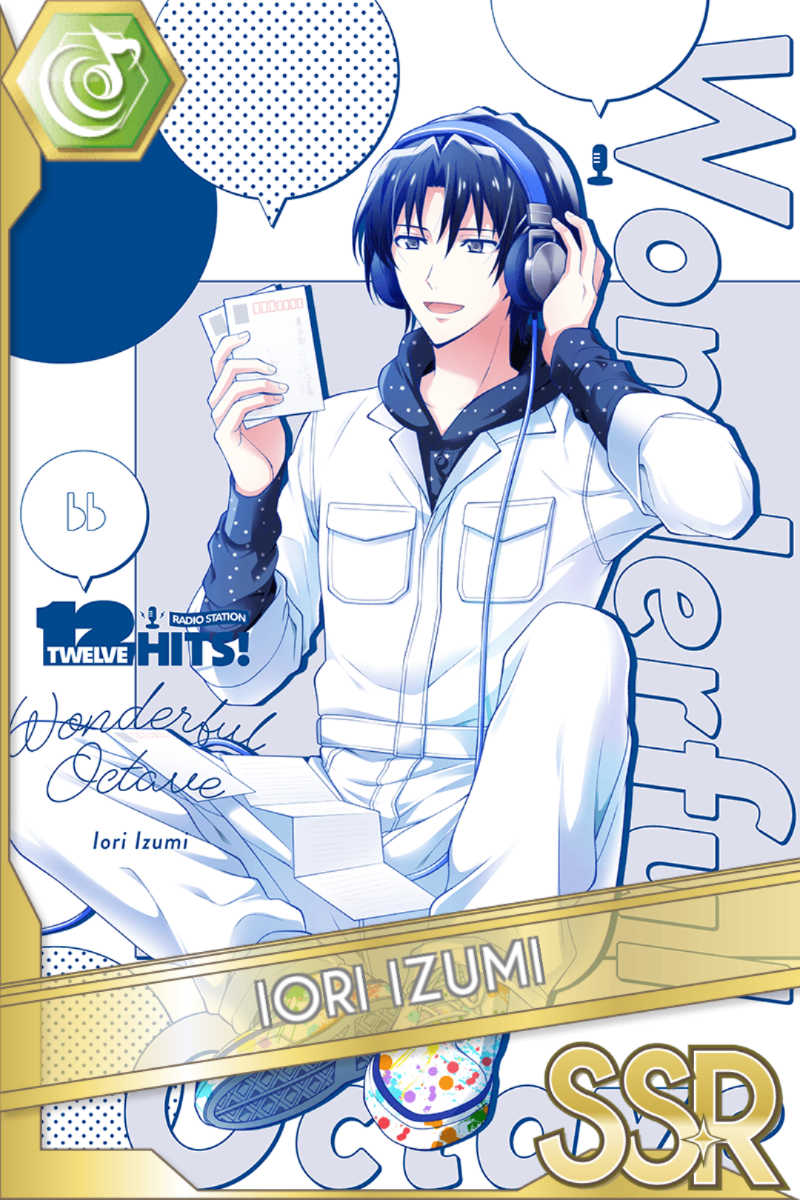 「Twelve Hits!」カードイラスト（SSR・Beat）。和泉一織が白いつなぎ服と大きなヘッドホンを着け、台本を手に片足を上げて座る。吹き出しとラジオ局の文字が並ぶ漫画調の背景