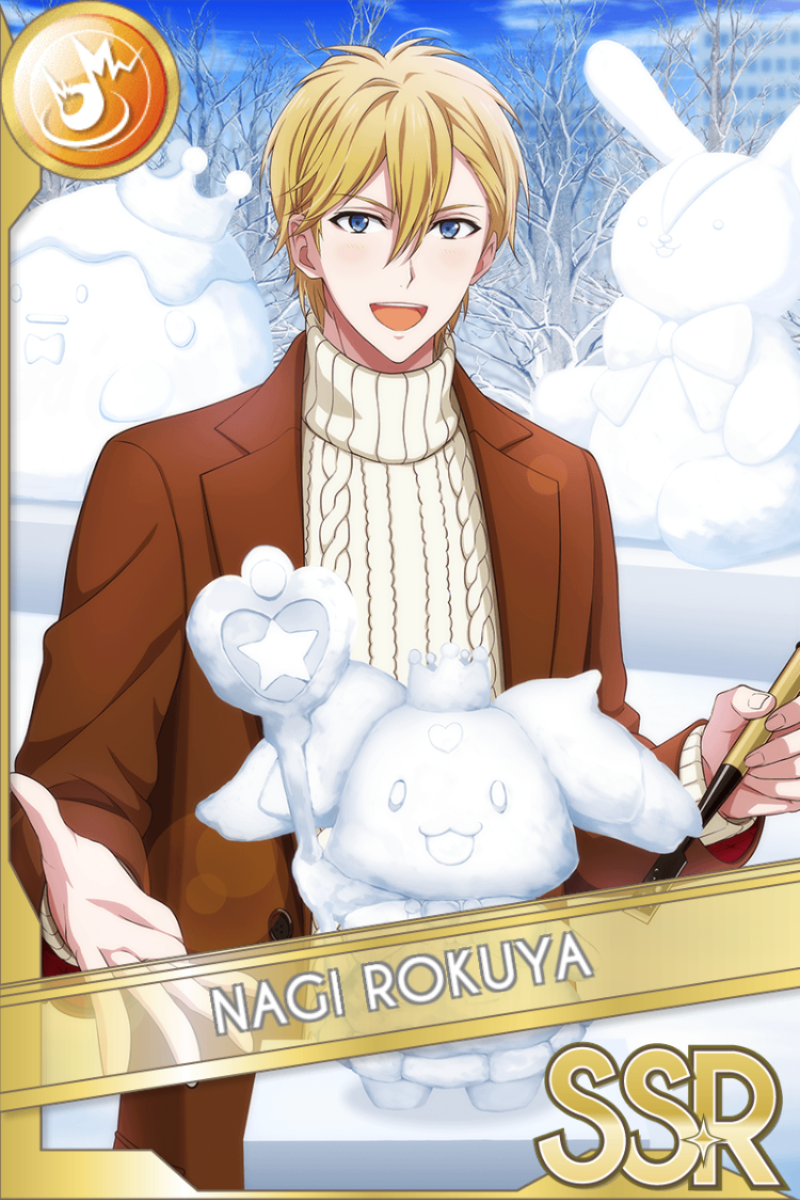 「bnOURS! in 雪まつり」カードイラスト（SSR・Shout）。六弥ナギが白いタートルネックに茶色のコートを羽織り、うさぎの雪像の前で絵筆を持って微笑む。雪景色と並ぶ雪像が背景に