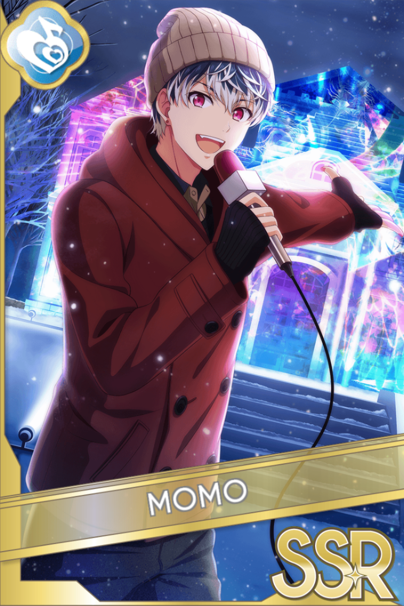 「bnOURS! in 雪まつり」カードイラスト（SSR・Melody）。百がベージュのニット帽と赤いコート姿で、雪の夜にマイクを持って歌う。青紫の光が放つ冬の屋外が背景に