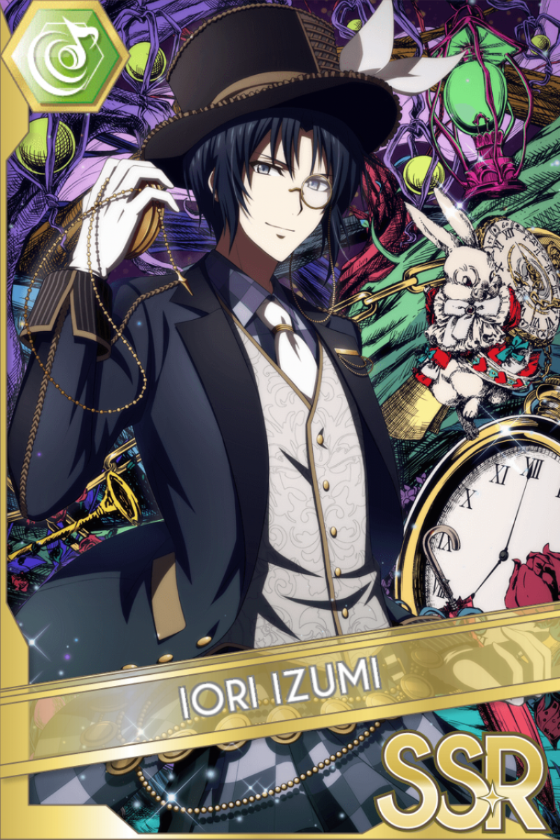 「Wonderland in the dark」カードイラスト（SSR・Beat）。和泉一織が黒いシルクハットと燕尾服姿で、懐中時計の鎖を手に微笑む。白うさぎと時計、紫の植物が並ぶ背景