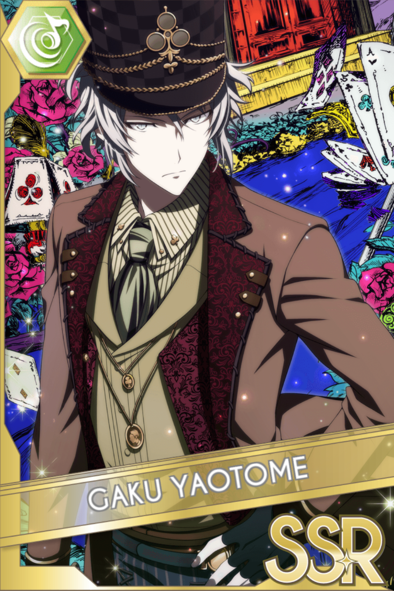 「Wonderland in the dark」カードイラスト(SSR・Beat)。八乙女楽が黒いシルクハットと茶色のコート姿で、険しい表情で正面を見据える。トランプと薔薇が散りばめられた背景