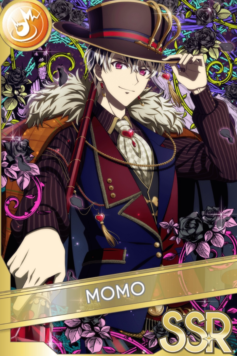 「Wonderland in the dark」カードイラスト（SSR・Shout）。百が黒いシルクハットとファー付きコート姿で、赤い杖を持ち帽子に手を添える。黒い薔薇と紫色の装飾が並ぶ背景