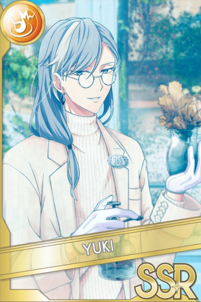 「君の素顔に花束を」カードイラスト（SSR・Shout）。千が白いタートルネックと白いジャケット姿で、花入りの瓶と器具を手に微笑む。緑が見える室内が背景に