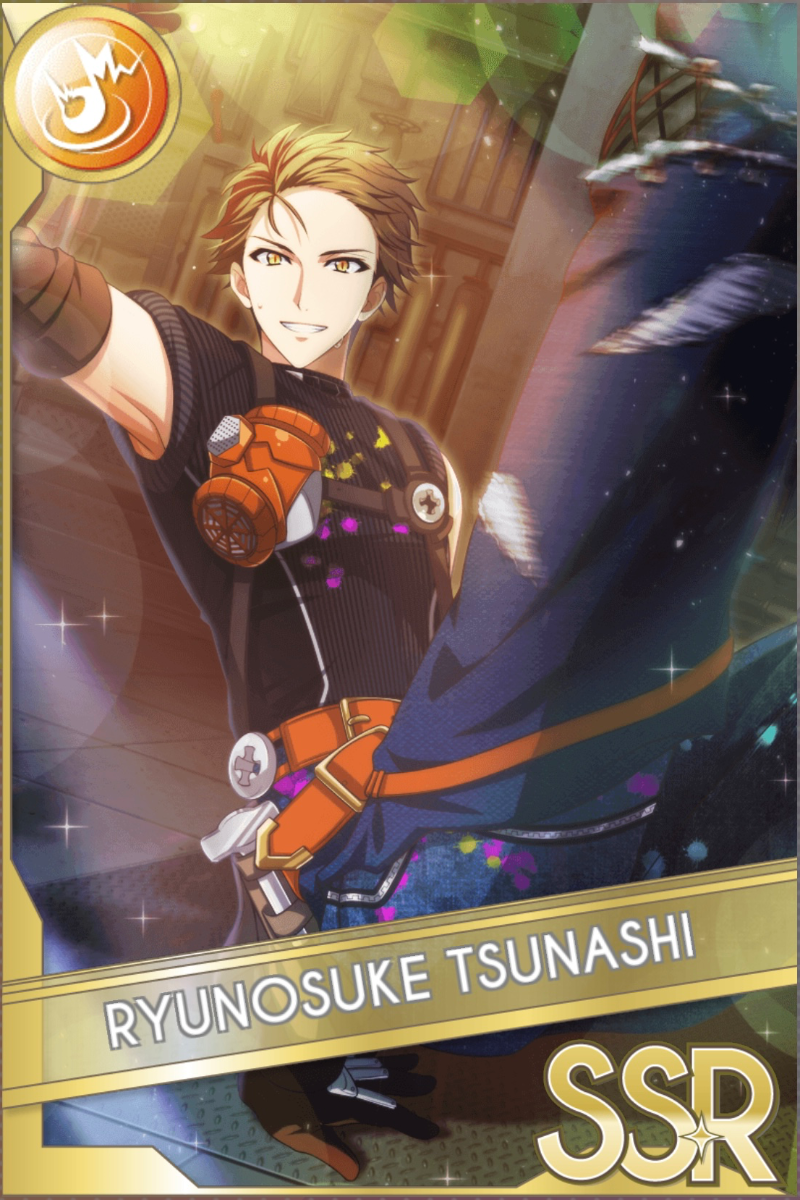 「ブロードウェイ」カードイラスト(SSR・Shout)。十龍之介が白と青の衣装を着て、片手を上げて微笑んでいる。ステージの照明が背景に広がる