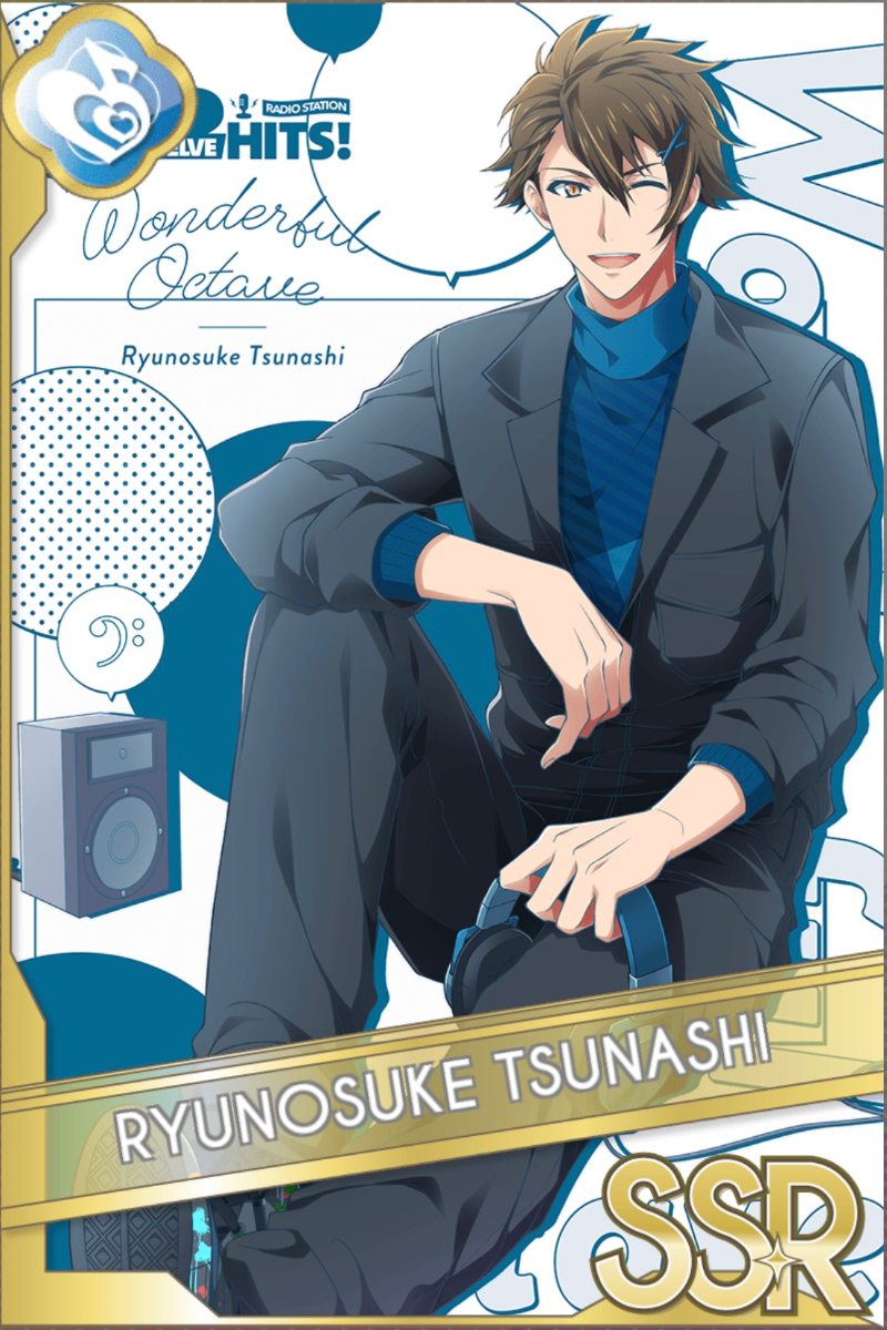 「Twelve Hits!」カードイラスト（SSR・Melody）。十龍之介がカラフルなジャケットを着て、スティックを持って微笑んでいる。ドーナツとネオンが背景に見える