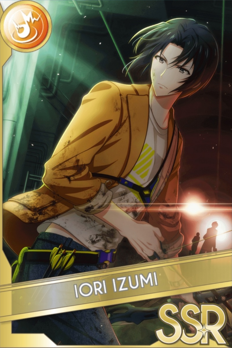 「DUSK TiLL DAWN」カードイラスト(SSR・Shout)。和泉一織が赤いサンタ衣装にサンタ帽をかぶり、マイクを持って片手を上げている。青い結晶が背景に広がる