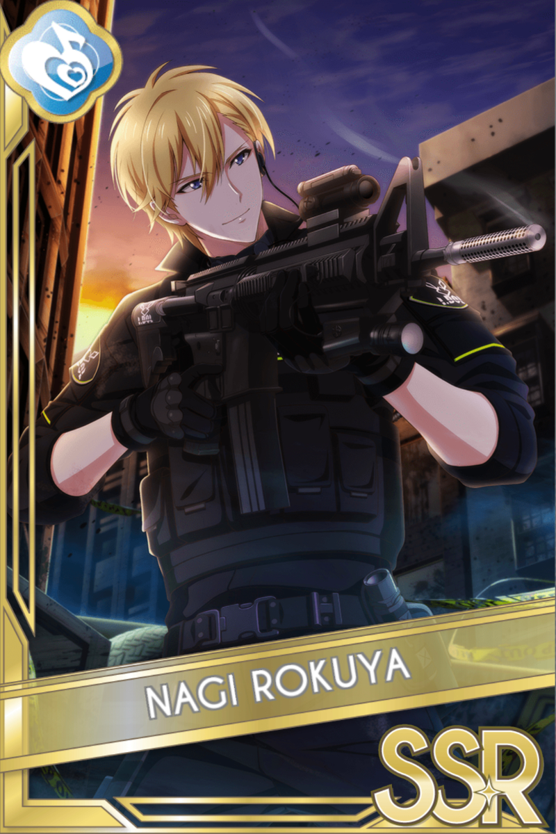 「DUSK TiLL DAWN」カードイラスト（SSR・Melody）。六弥ナギが黒いジャケットを着て、青いエネルギーの光に向かって身を乗り出している。暗い背景に光が走る
