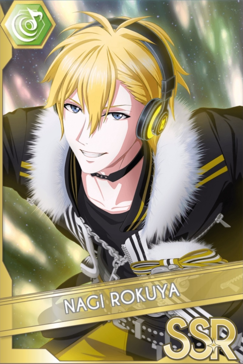 「Mr.AFFECTiON」カードイラスト(SSR・Beat)。六弥ナギが黒いファー付きジャケットを着てヘッドフォンをし、片眼を閉じて微笑む。黄色い光が走る背景