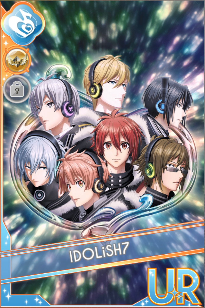 「最高のラストシーン」カードイラスト（UR・Melody）。複数の青年がヘッドフォンをして黒い衣装を着て、円形に並んでいる。緑と紫の光の背景