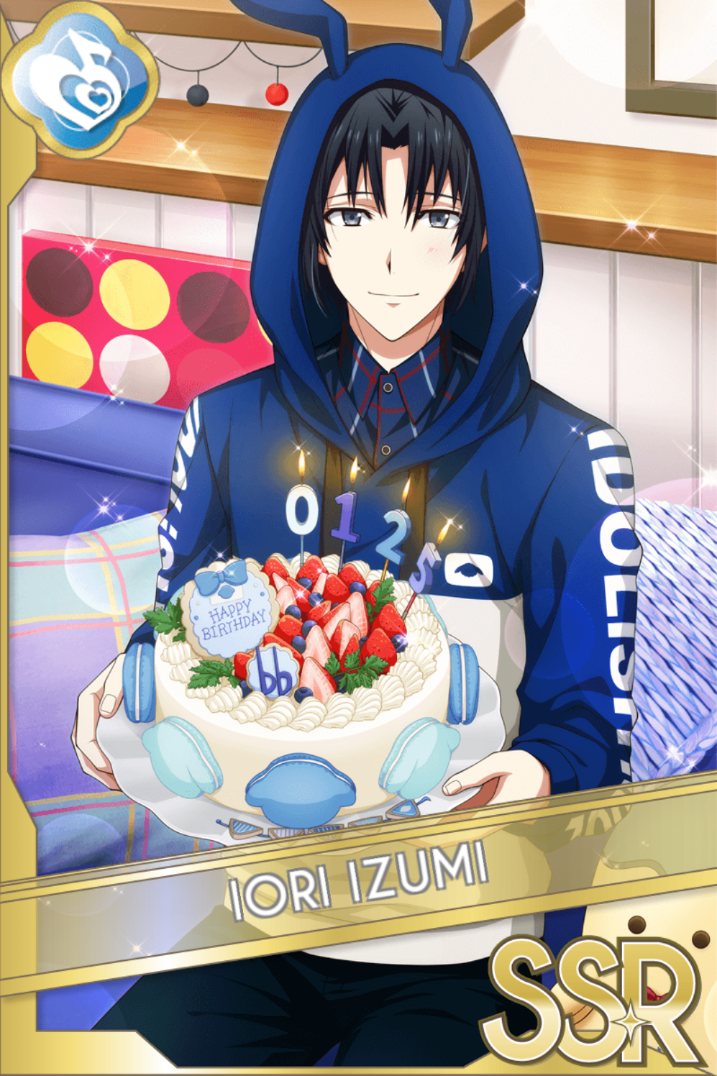 「RabbiTube2」カードイラスト（SSR・Melody）。和泉一織が青いパーカーを着て、誕生日ケーキを持っている。部屋の背景