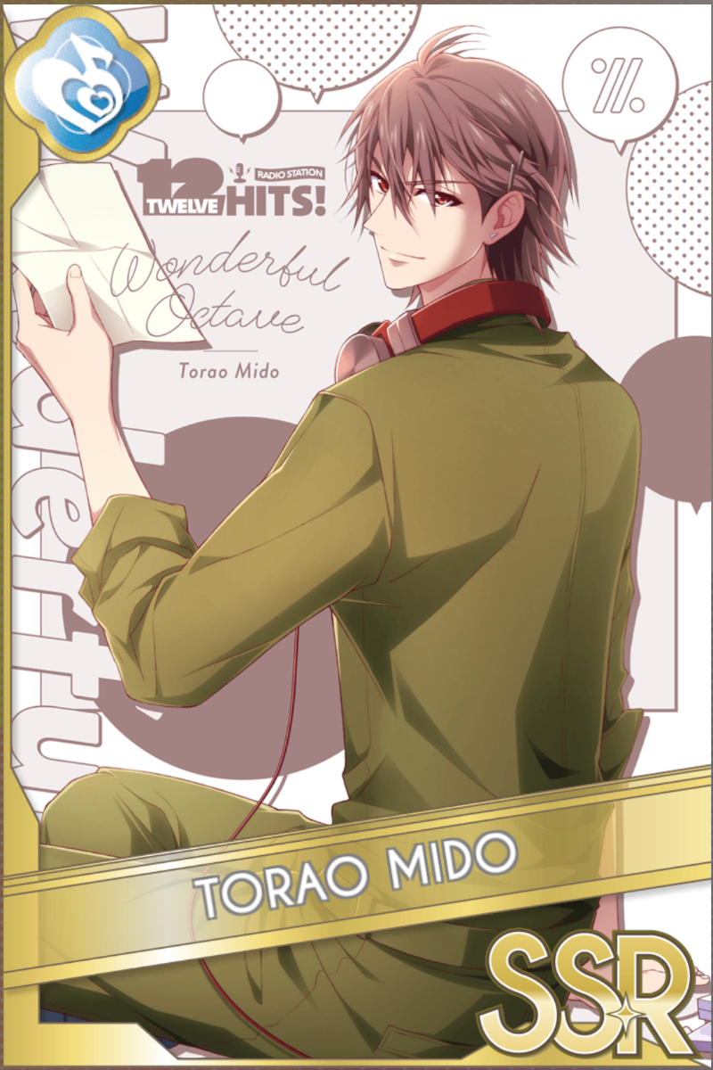 「Twelve Hits!」カードイラスト（SSR・Melody）。御堂虎於が黒いタキシードに黄色い蝶ネクタイを着け、フルートを持っている。ホールの背景