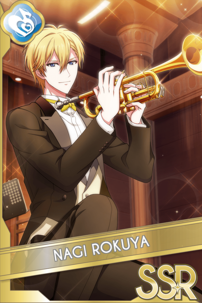 「Orchestra」カードイラスト(SSR・Melody)。六弥ナギが黒いタキシードに赤い蝶ネクタイを着け、バイオリンを持っている。ホールの背景