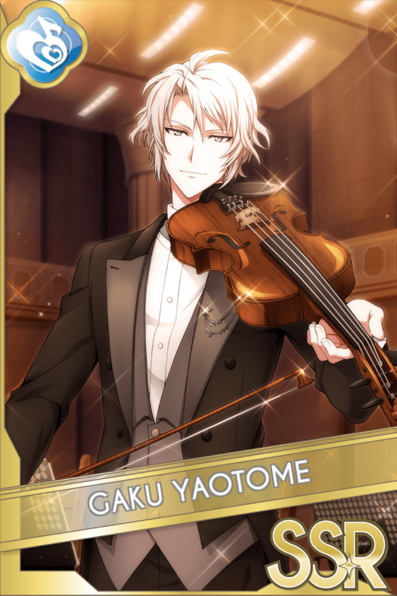 「Orchestra」カードイラスト(SSR・Melody)。八乙女楽が白い軍服風衣装に赤いリボンを着け、マイクを持っている。紫の光の背景