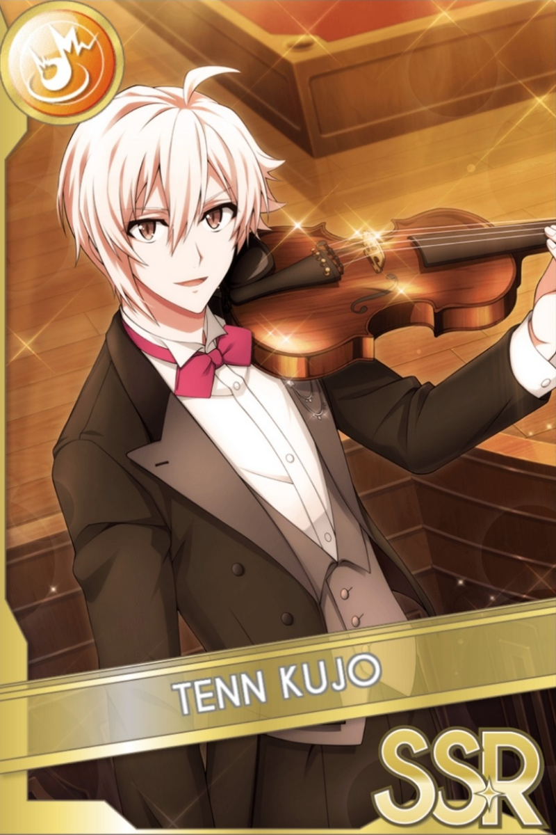「Orchestra」カードイラスト(SSR・Shout)。九条天が青い衣装を着て、銃を構えている。青い光の背景