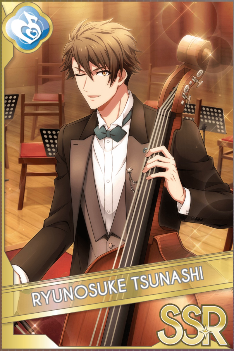 「Orchestra」カードイラスト(SSR・Melody)。十龍之介が赤いマフラーを巻き、黒い衣装を着ている。歯車の背景