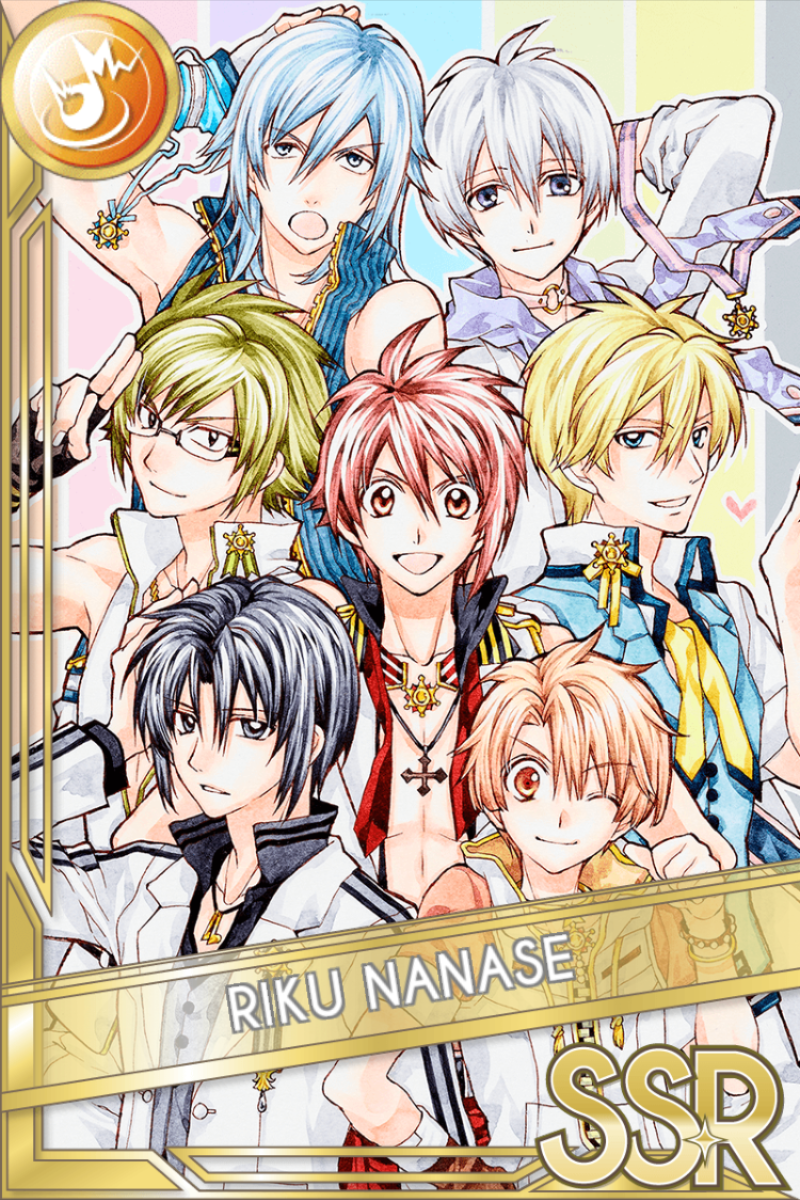 「再録_マーガレット記念品」カードイラスト(SSR・Shout)。7人の青年が白基調の衣装を着て中央の赤髪の青年を囲み、笑顔やウインクで寄り添う。淡い縞模様の背景