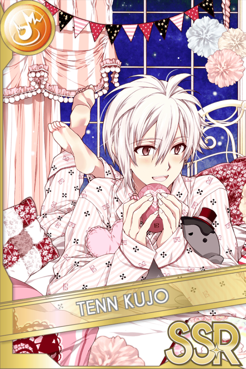 「再録_コミック特典」カードイラスト(SSR・Shout)。九条天が桜柄のパジャマで布団にうつ伏せになり、点心を両手に持ち微笑む。窓の星空と部屋の装飾が背景に